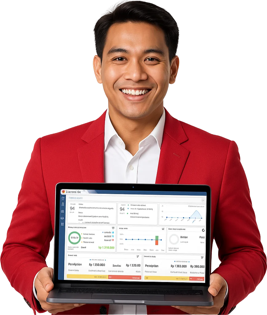 Pengguna memegang laptop yang menampilkan dashboard Accurate Online